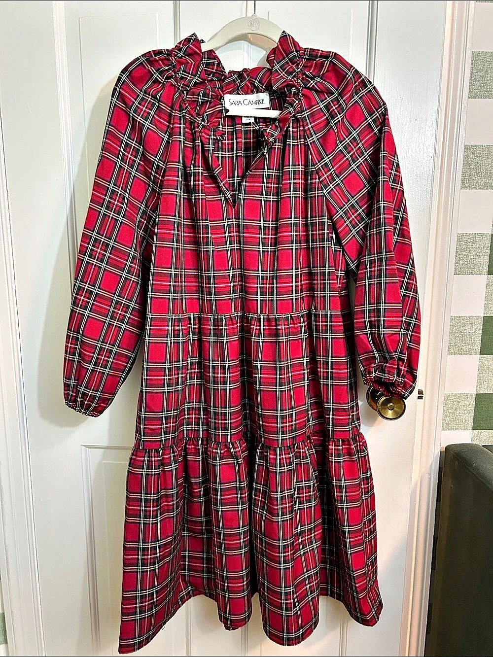 Sara Campbell Plaid Dress Double Tiered Mini Red & Black Large